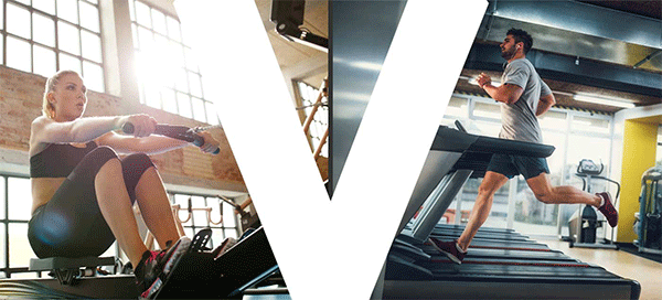 a woman rowing on a indoor rower and a man run on a treadmill