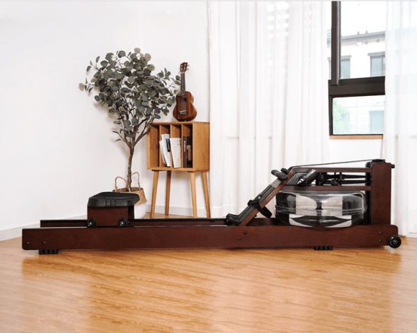 a water rowing machine beside a guitar in a room