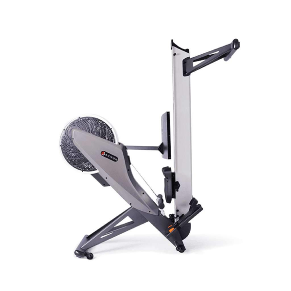 Aviron rowing machine tilted into an upright position