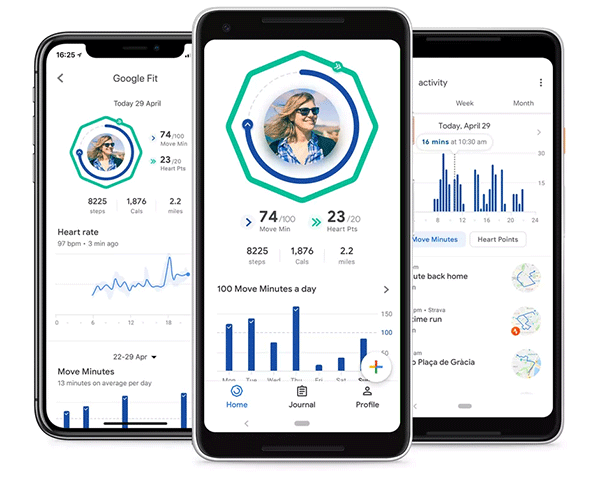 three interfaces of the App Google Fit