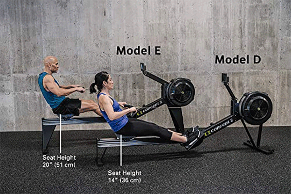 a man rowing on Concept 2 Model E rowing machine and a woman on Concept 2 Model D rowing machine