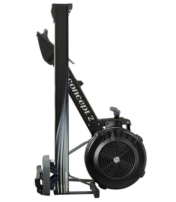 Concept2 air rowing machine tilted into an upright position