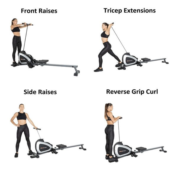 a woman doing front raises, tricep extensions, side raises,  and reverse grip curl