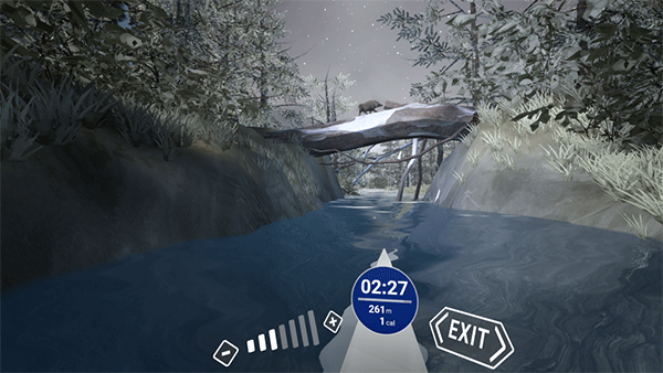  simulation of rowing in a blue lake surrounded by trees and mountains