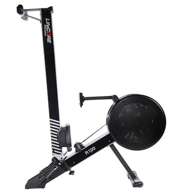 LifeCore R100 rowing machine tilted into an upright position