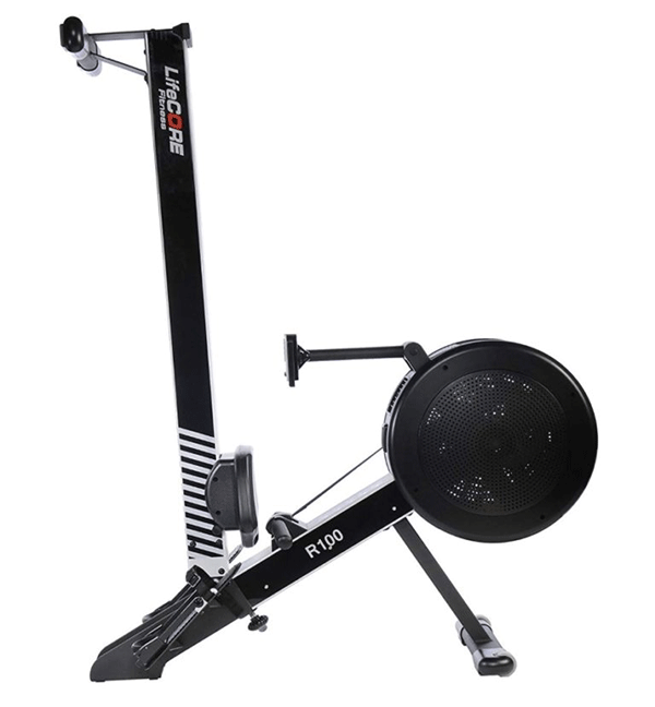 LifeCore R100 dual resistance rowing machine tilted into an upright position