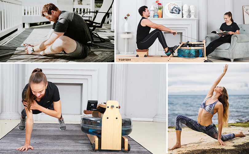 A man brings his feet inwards , a man rows and a women sit on a sofa reading magazine in a room, a woman does push-up with a hand on a gray mat also in a room, and a woman does yoga at the seaside.
