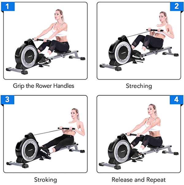 a sketch map of a woman rowing in incorrect postures with Maxkare magnetic rowing machine