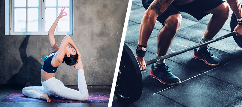 a woman practice yoga beside a wall and a man lift up a barbell from the brick floor