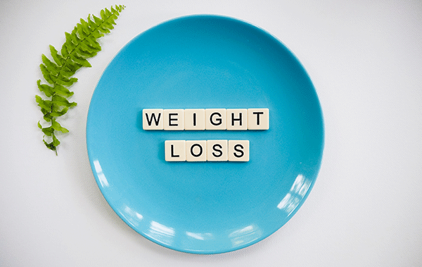 green leaves and a blue plate with white blocks in the plate