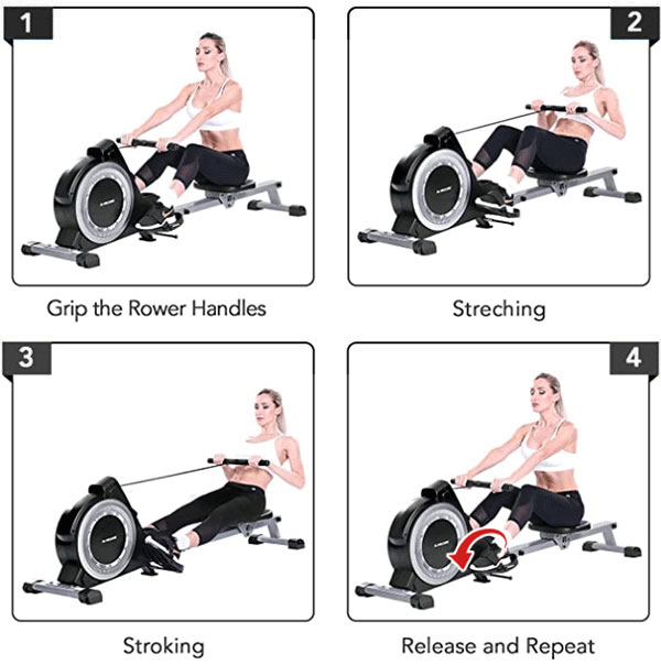 four steps of a woman with long hair rowing on MaxKare magnetic rowing machine