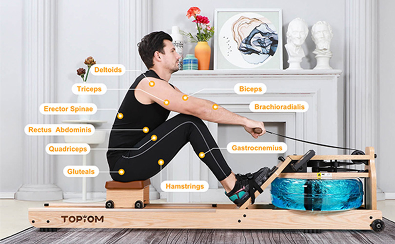 a man wearing black clothes gets ten muscles engaged in indoor rowing